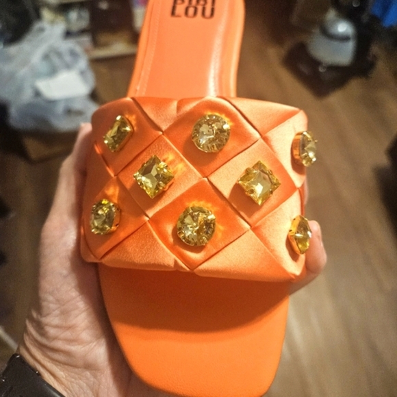 BIBI LOU x Anthropologie satin woven embellished Square toe Orange Sandals - Picture 16 of 16